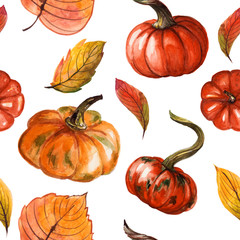 Seamless pattern with handpainted watercolor pumpkins. Autumn design. Halloween, thanksgiving day. can be used as print on textile, banner, ads.