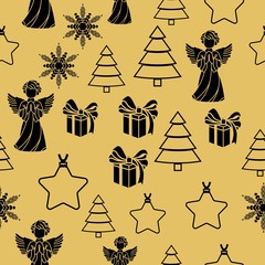 Golden New Year seamless pattern for gift wrapping or cards for the holidays. Easy style in one line, hipster style.