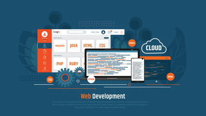 software development coding and business analysis. programming of concept. data processing. Computer code with window interface.
