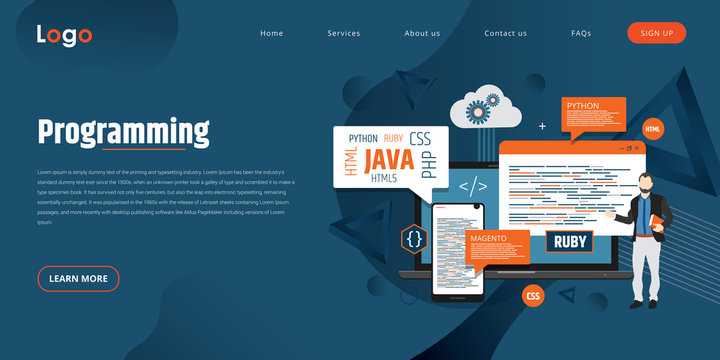 Mock-up design website flat design concept coding and programming developer. Vector illustration.