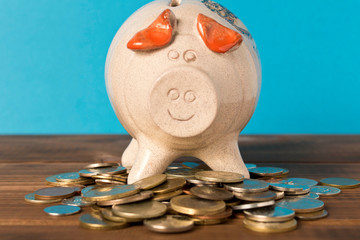 Piggy Bank and a few coins on the wooden table. Close up. The concept of saving money. Selective focus.