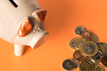 Piggy Bank and a few coins on the orange background. Close up. The concept of saving money. Selective focus.