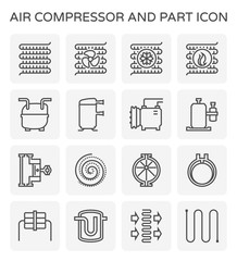 Air compressor or air condenser unit is a part of air conditioning HVAC systems. Vary type of compressor such as reciprocating, scroll, rotary, rotary vane. Including receiver. Vector icon design. - obrazy, fototapety, plakaty