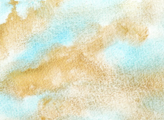 Hand drawn Watercolor gold Turquoise Background. Watercolor Wash. Artistic paper texture torn splatter illustration with strokes and stains. Design greeting card, wedding invitation, template, cover