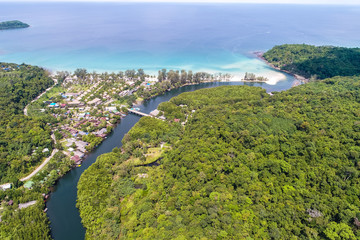 Green tropicl mangrove forest with village in Koh Kood island