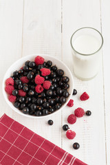 bowl with fresh berries and glass of milk