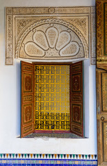 Old Moroccan style window. El Bahia Palace in Marrakech old town, Morocco