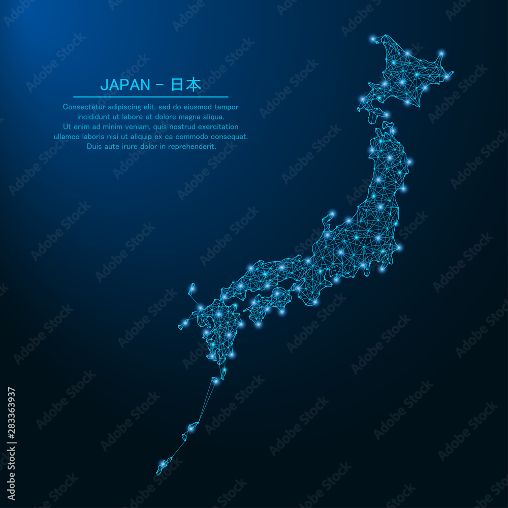 Poster japan map made by points and lines, polygonal wireframe mesh. low poly asian country map with inscri