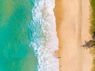 Fototapeta na wymiar Sea beach azure water with coconut palm tree aerial view