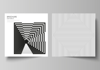 The minimal vector layout of two square format covers design templates for brochure, flyer, magazine. Trendy geometric abstract background in minimalistic flat style with dynamic composition.