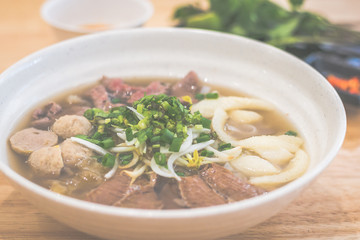 Special Beef vietnamese pho with soup and beef slices, brisket, beef balls, fish maw, scallions served with herbs