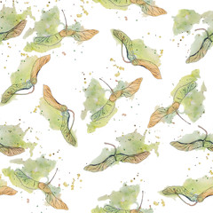 Watercolor seamless pattern with maple seeds in yellow and green colors. Can be used as romantic background for greeting cards, prints, textile design, packaging design.