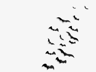 Happy Halloween banner concept. Black paper bats on white background. Vector illustration.
