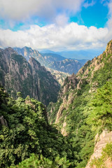 Portrait view of tall rough rock covered in lush green trees in Huang Shan (黄山, Yellow Mountains) China