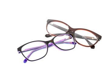Two pairs of plastic fashionable eyeglass frames. Isolated