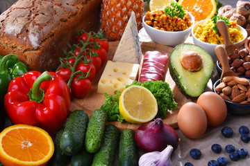 Assorted food products on kitchen table
