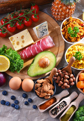 Assorted food products on kitchen table