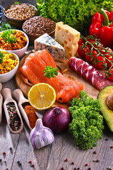 Assorted food products on kitchen table