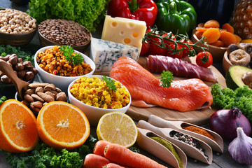 Assorted food products on kitchen table