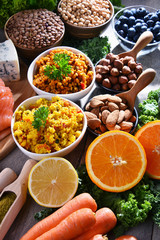 Assorted food products on kitchen table