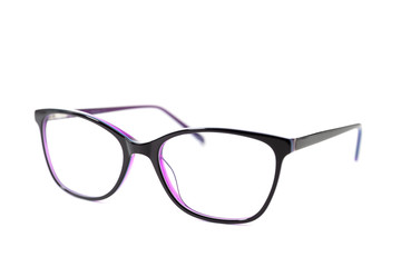 Dark pink stylish plastic frame glasses . Isolated