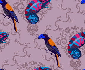 Vector chameleons and exotic birds pattern. Ethnic seamless pattern ornament. Vector pattern. 