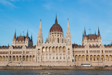 Fototapeta na wymiar Budapest, Hungary. Panarama view to the city. The banks of the Danube. Spring. Tourism and travel. 