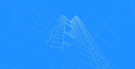 architecture background 3d illustration, sketch line geometric, architectural background
