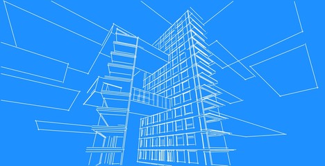 architecture background 3d illustration, sketch line geometric, architectural background