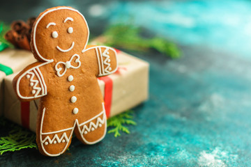 gingerbread. gifts and holiday, happy New Year. festive background. food background. top view