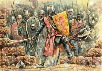 Fototapeta premium Medieval knights attack illustration. Battle with Johanniter knights. Medieval battlefield and Conquest of Jerusalem.