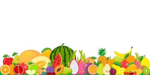 Set of fruits. Watermelon, pineapple, peach, lemon, vegetarian, orange, food, apple, pear, banana cherry strawberry grapes kiwi mango melon plum papaya isolated on background