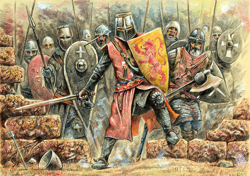 Medieval knights attack illustration. Battle with Johanniter knights. Medieval battlefield and Conquest of Jerusalem.