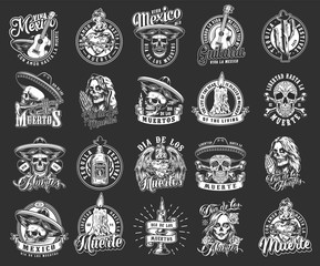 Dia De Los Muertos monochrome emblems - obrazy, fototapety, plakaty
