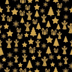 Fototapeta premium Golden New Year seamless pattern for gift wrapping or cards for the holidays. Easy style in one line, hipster style.
