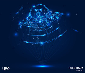 A hologram of a UFO. UFO of polygons, triangles of points and lines. Alien lowpoly connection structure. Technology concept.