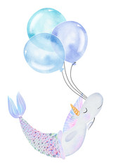 Cute watercolor unicorn mermaid with big balloons
