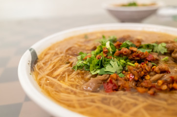 Taiwan snack of thin noodles with pork intestine