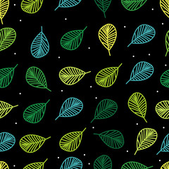 Green freash leaf seamless pattern with white dots on dark background