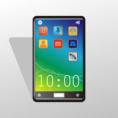 Smartfon z niebieskozielonym ekranem na pulpicie, którego znajudją się ikony.