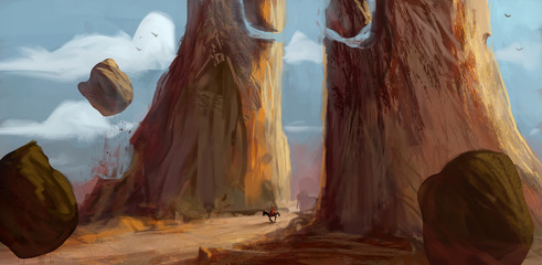 Orange fantasy environment of a rocky desert with floating rocks and dangerous foreboding atmosphere - digital fantasy painting