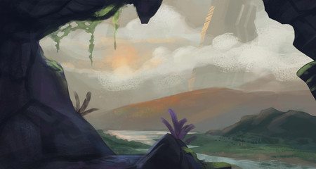 Cave opening to a vast sweeping sunrise environment with foggy atmosphere - digital fantasy painting