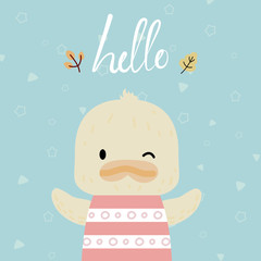 cute yellow duck with message hello, blue background, book cover, vector illustration.