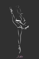 Silhouette of beautiful ballerina. Hand drawn illustration. Vector