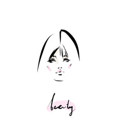 Hand-drawn portrait of young stylish woman. Beautiful girl with makeup and hairstyle. Fashion illustration, vector