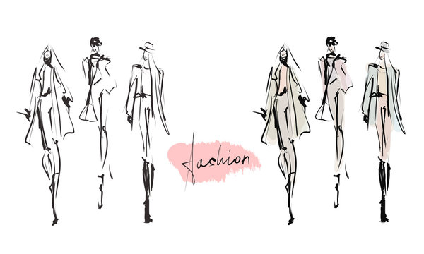 Young stylish girls. Women's fashion set. Hand-drawn illustration. Sketch, vector