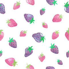 Strawberry sweet fruits multicolored watercolor drawing seamless pattern isolated on white background
