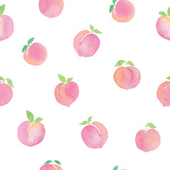 Peach sweet fruits watercolor seamless pattern isolated on white background
