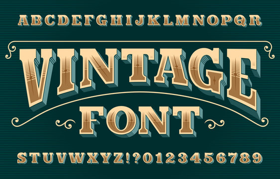 Vintage 3D alphabet font. Ornate retro letters and numbers. Vector typeface for your typography design.
