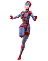 Cyborg Woman futuristic metallic neon suit.